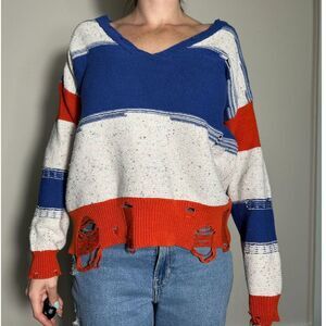 Fate Multicolor Distressed V Neck Sweater Size Small